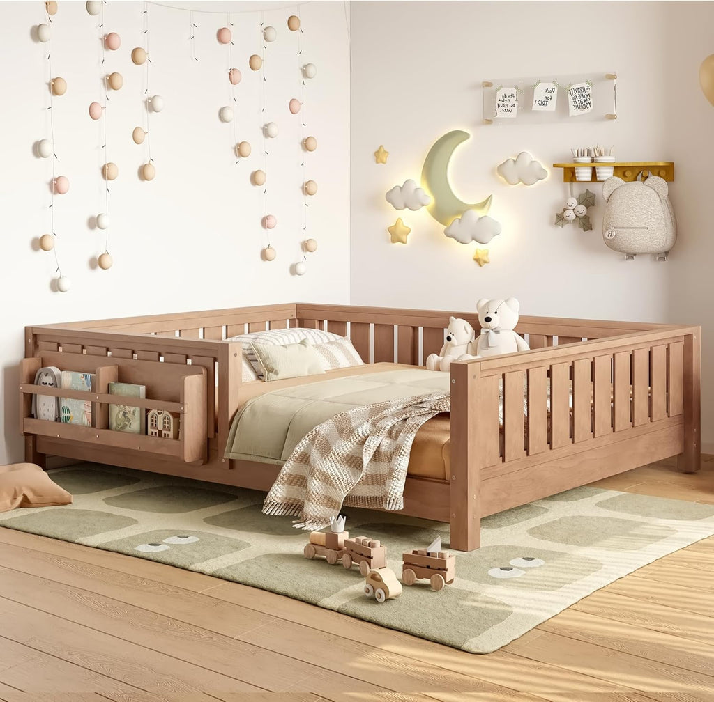 Bellemave Full Size Floor Bed with Slats and Safety Guardrail, Full Size Montessori Floor Bed with Fence and Built-in Bookshelf, Easy Assemble Montessori Beds for Kids, Girls, Boys, Natural
