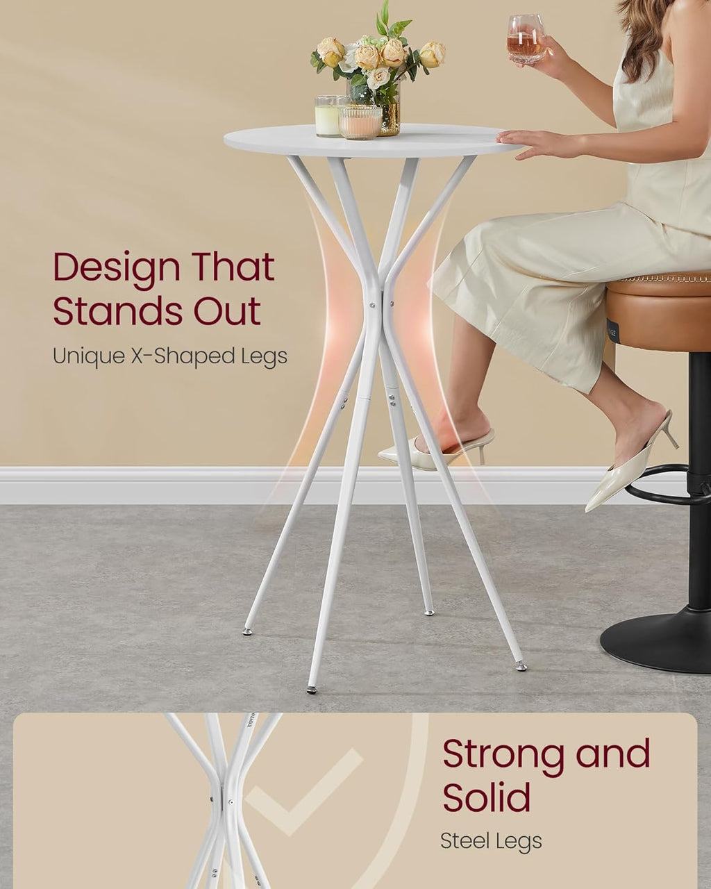 VASAGLE Bar Table, Round Cocktail High Top Pub Bistro Table for Party, Kitchen Dining, Home Bar, 23.6 x 23.6 x 41.3 Inches, Metal Frame, Modern Style, Easy to Assemble, Cloud White and Matte White