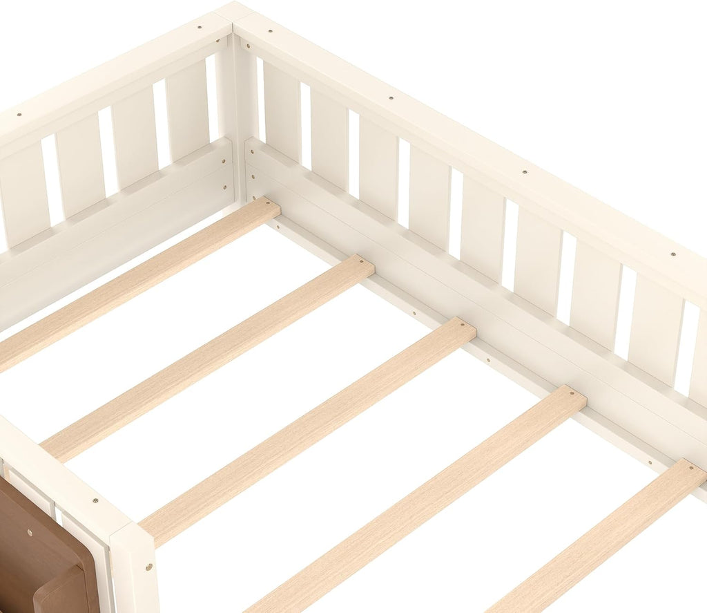 Bellemave Twin Size Kids Montessori Floor Bed Frame with Bookshelf and Guardrail,Solid Wood Floor Bed Frame with Slats for Girls Boys,Low-Profile,Beige