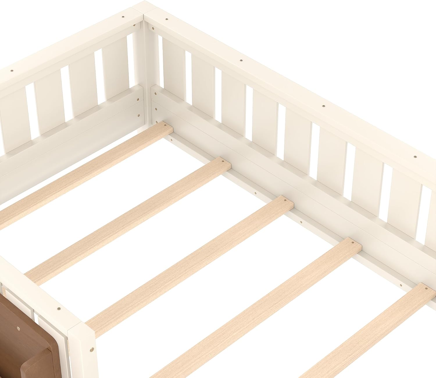 Bellemave Twin Size Kids Montessori Floor Bed Frame with Bookshelf and Guardrail,Solid Wood Floor Bed Frame with Slats for Girls Boys,Low-Profile,Beige
