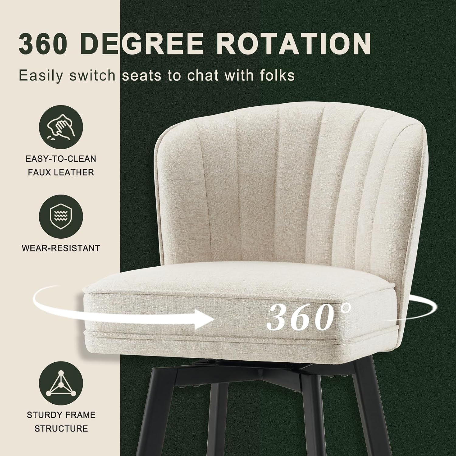 Swivel Counter Height Bar Stools Set of 4, 26'' Modern Barstools with Backs and Metal Legs, Upholstered Bar Chairs, Beige, Fabric Stools for Kitchen Island Chairs