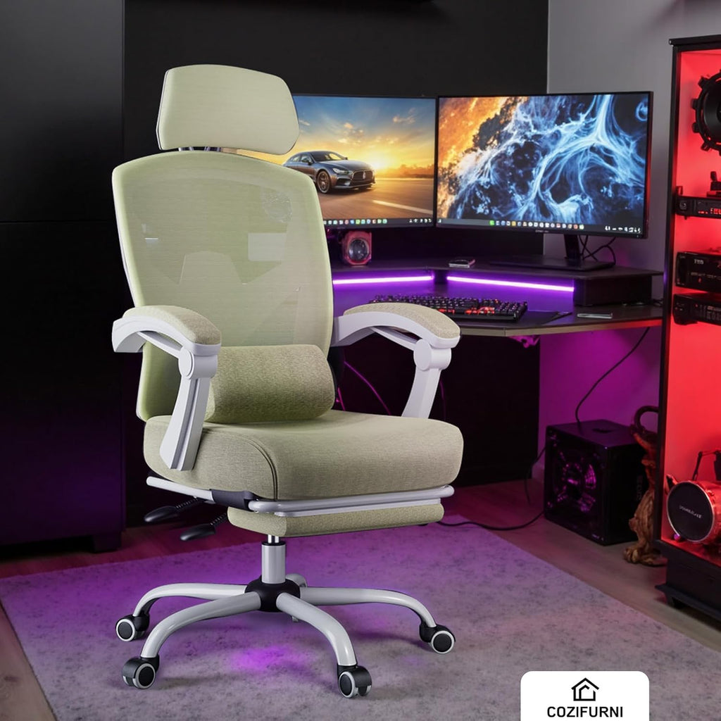 DUMOS Office Desk Computer Chair with Footrest, Ergonomic Mesh Swivel Gaming Chair with Rolling Wheels, Comfortable Headrest, Lumbar Support, Comfy for Home, Office, Task, Student, Elegant Green