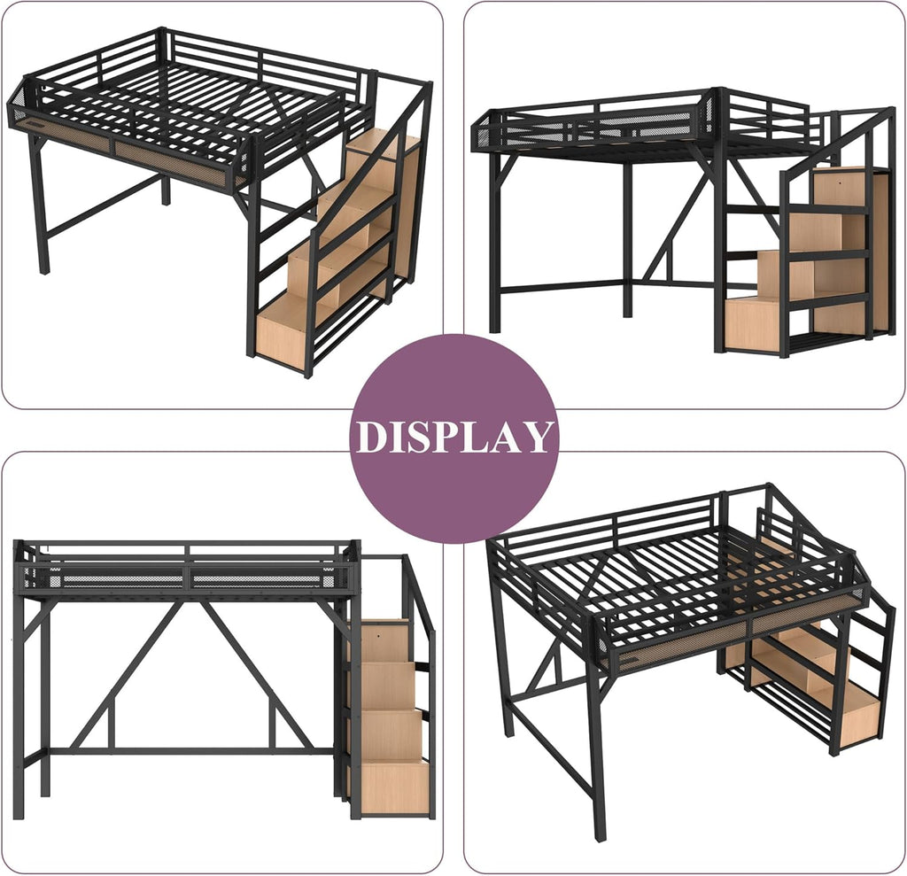 Bellemave Full Size Loft Bed with Storage Stairs, Shelves & Wardrobe, Metal Full Loft Bed Frame with LED Lights & USB Ports for Kids Teens, Noise-Reduced Design, Natural Wood