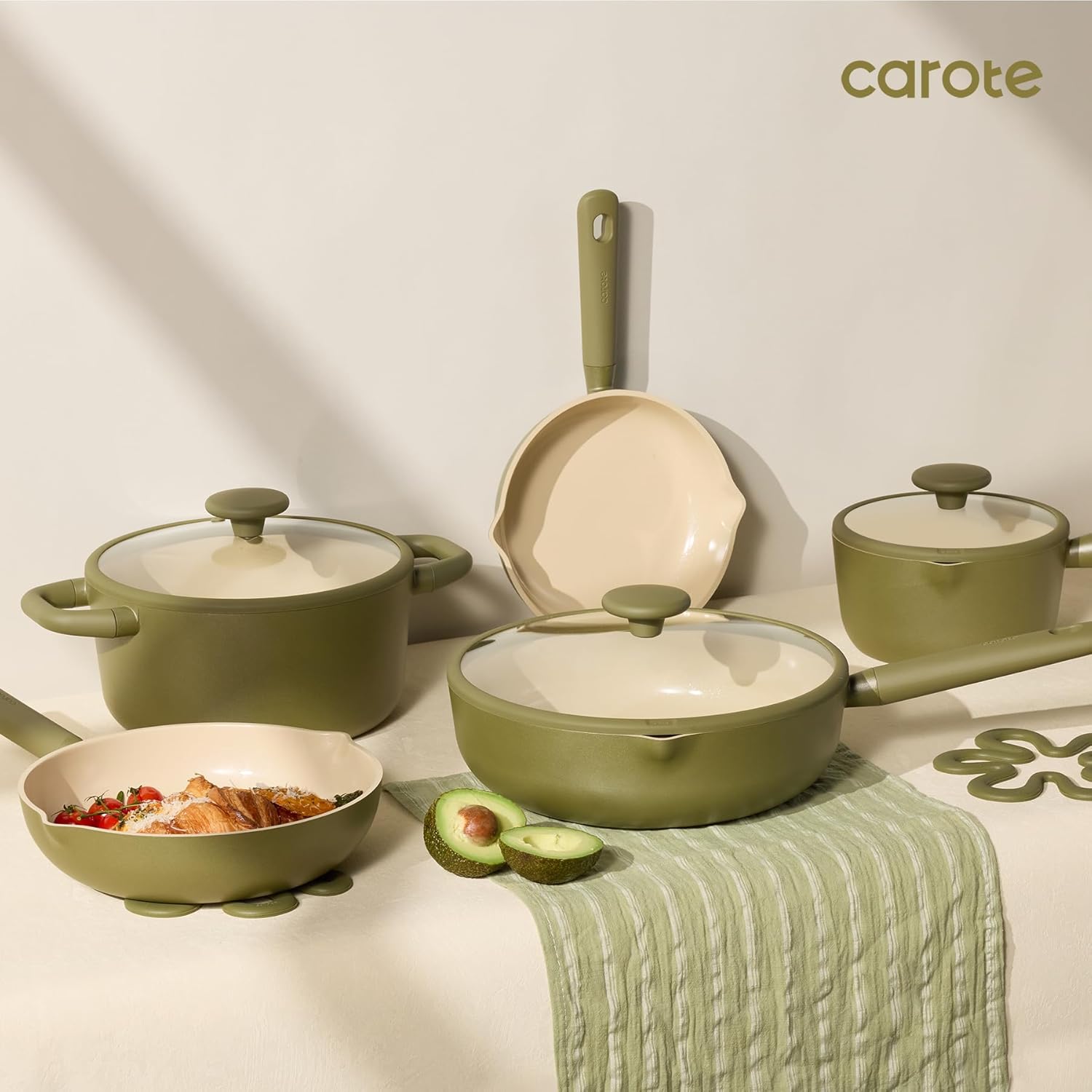 CAROTE 21pcs Cookware Set Nonstick Pots and Pans Set, Ceramic Cookware Set Induction Cookware, Non toxic Healthy Non Stick Kitchen Cooking Set, PFAS PTFE Free