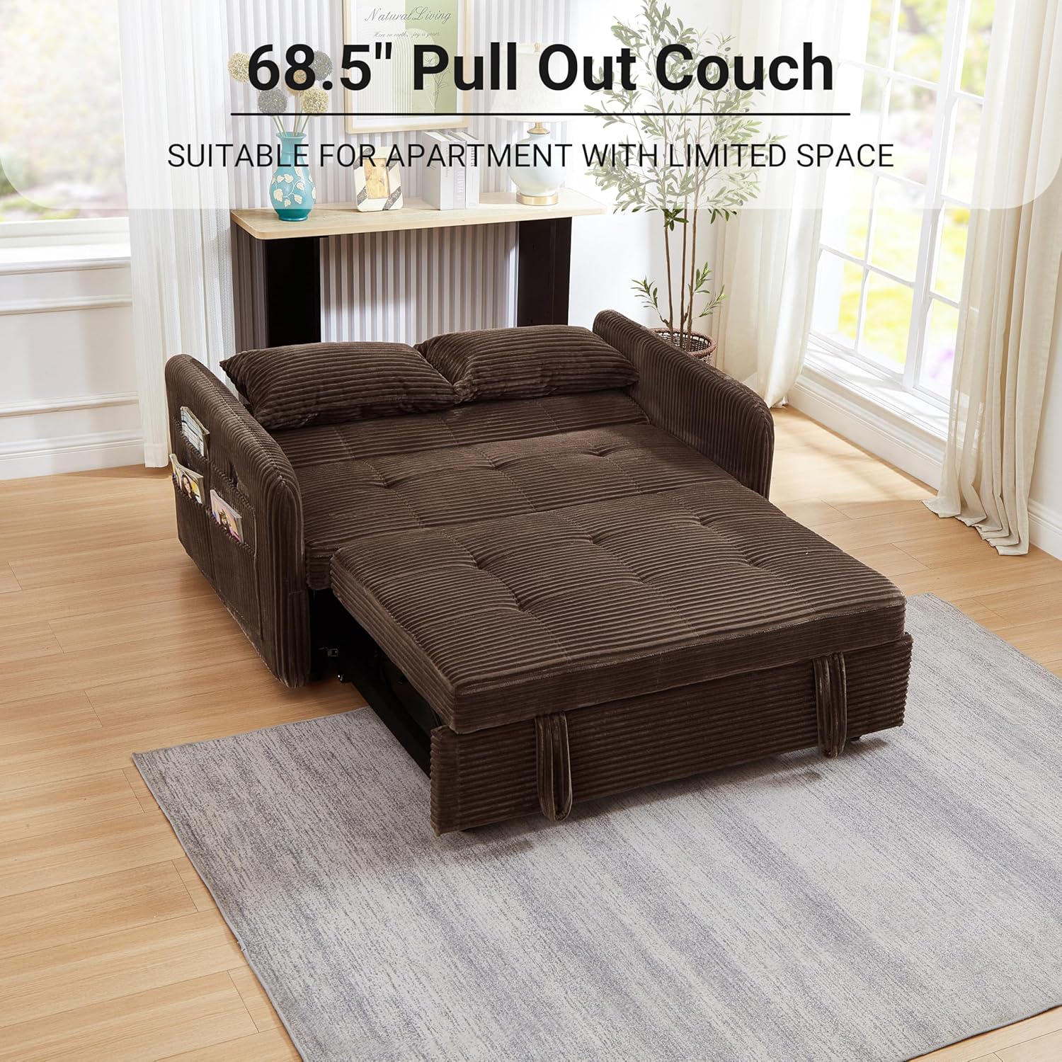 55.5" Corduroy Convertible Sofa Bed, Pull Out Sleeper Sofa Bed, Loveseat Couch with USB Charging Ports, 3 in 1 Convertible Sleeper Sofa Bed for Living Room, Apartment, Bedroom, RV, Beige