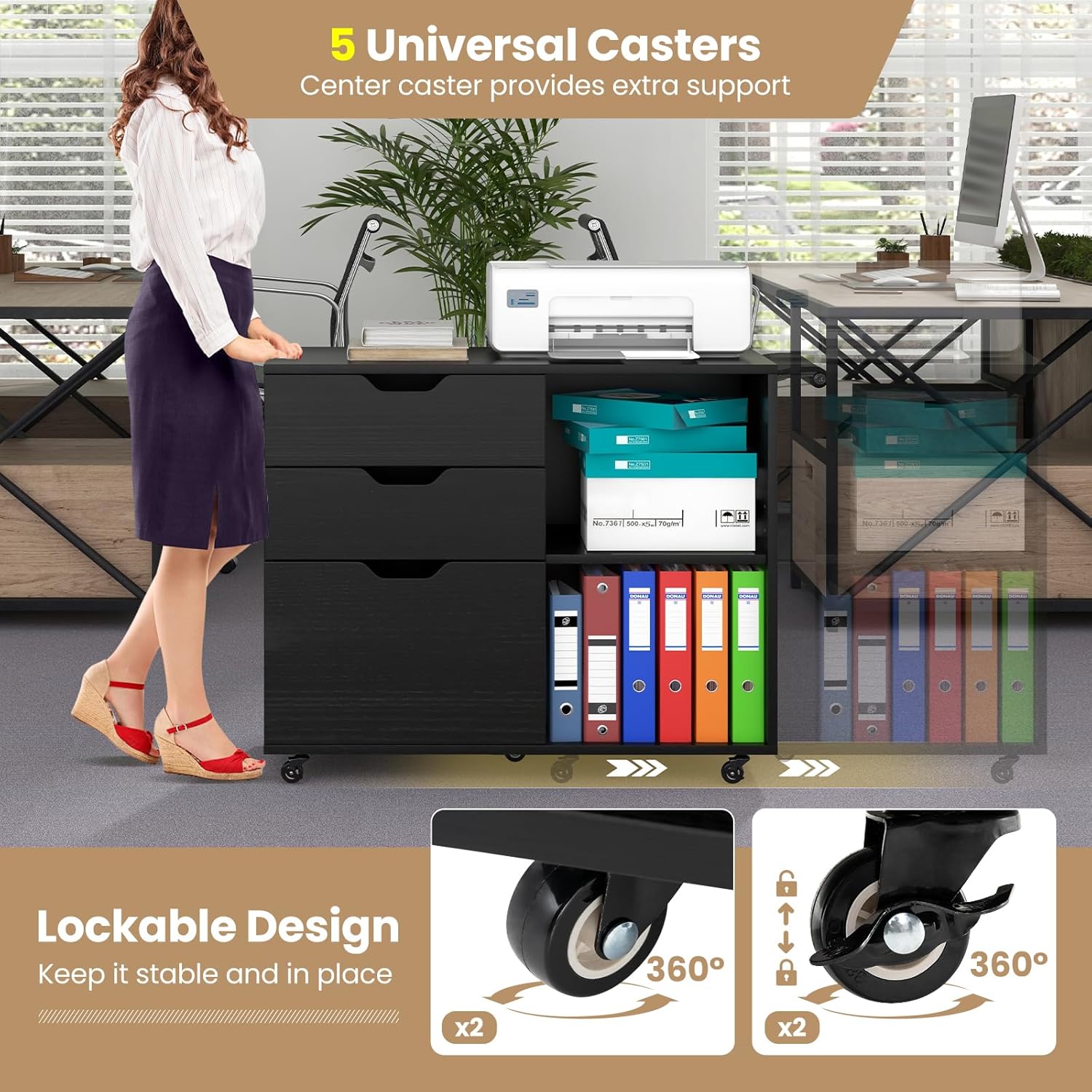LOKO 3-Drawer File Cabinet, Mobile Printer Stand Cabinet with Adjustable Shelf, Rolling Lateral Filing Cabinet with Wheels for Letter, A4, Legal Size, for Home Office Organization (Black)