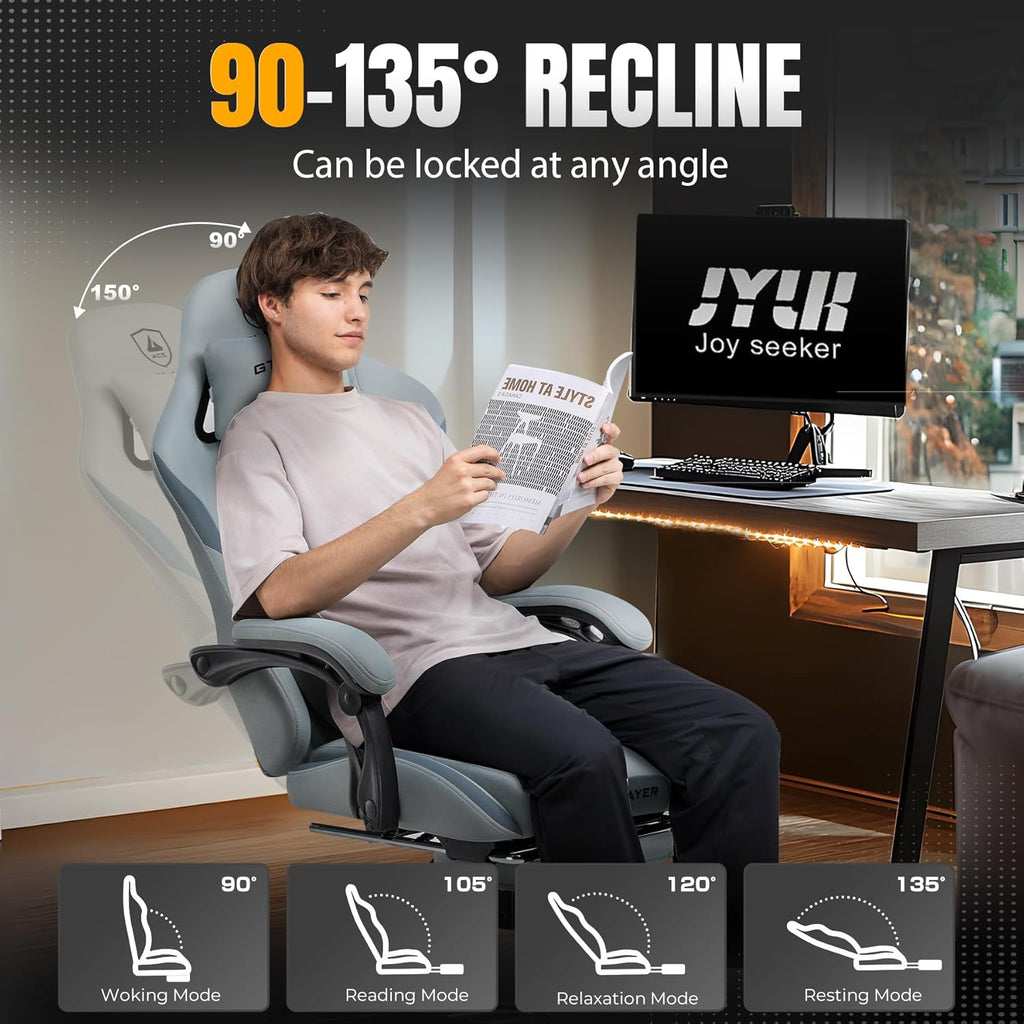 GTPLAYER Gaming Chair with Foot Rest & Pocket Spring Cushion, Breathable Fabric for Home Office Desk, Ergonomic High Back Computer Chair with Headrest & Lumbar Support, Blue/Gray