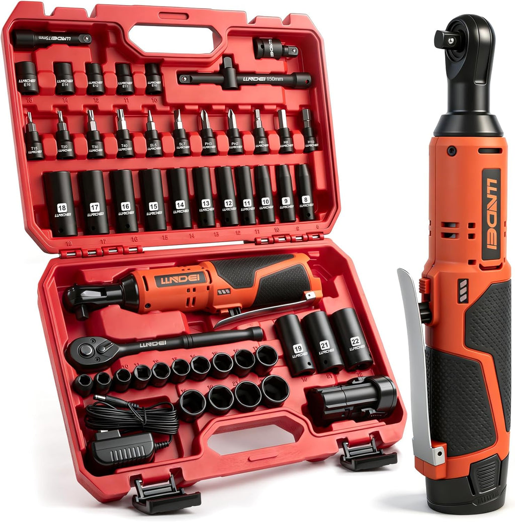 LLNDEI Cordless Electric Ratchet Wrench Set with Socket Set, 3/8" Ratchet, 40FT-LBS with Adjustable Speed, 1 Pack 2000mAh Lithium-Ion Battery and Charger, 52pcs