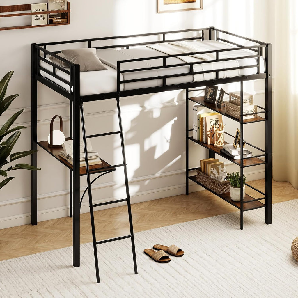 Giantex Twin Size Loft Bed with Desk & Shelves, Metal Bed Frame with Inclined Ladder & Full-Length Guardrails, High Loft Bed for Kids, Teens, Home, Dorm, Apartment, No Box Spring Needed