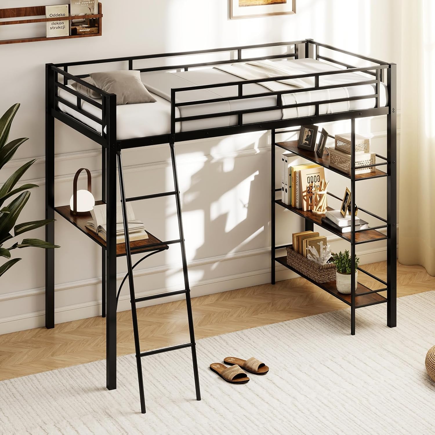 Giantex Twin Size Loft Bed with Desk & Shelves, Metal Bed Frame with Inclined Ladder & Full-Length Guardrails, High Loft Bed for Kids, Teens, Home, Dorm, Apartment, No Box Spring Needed