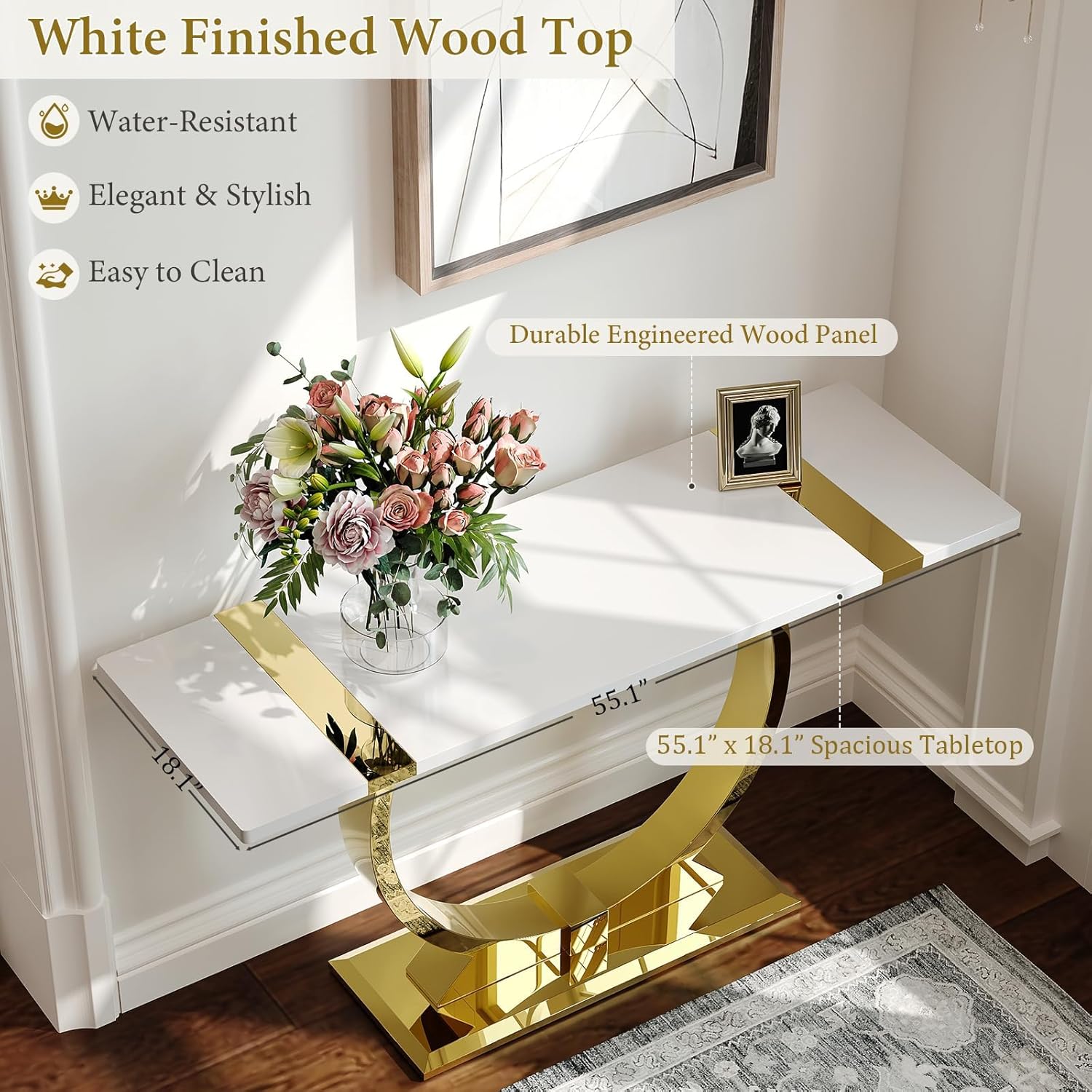 Asday 2 Pieces Modern Living Room Table Set, Wood Coffee Table and Console Table with U-Shape Golden Metal Frame, White and Gold