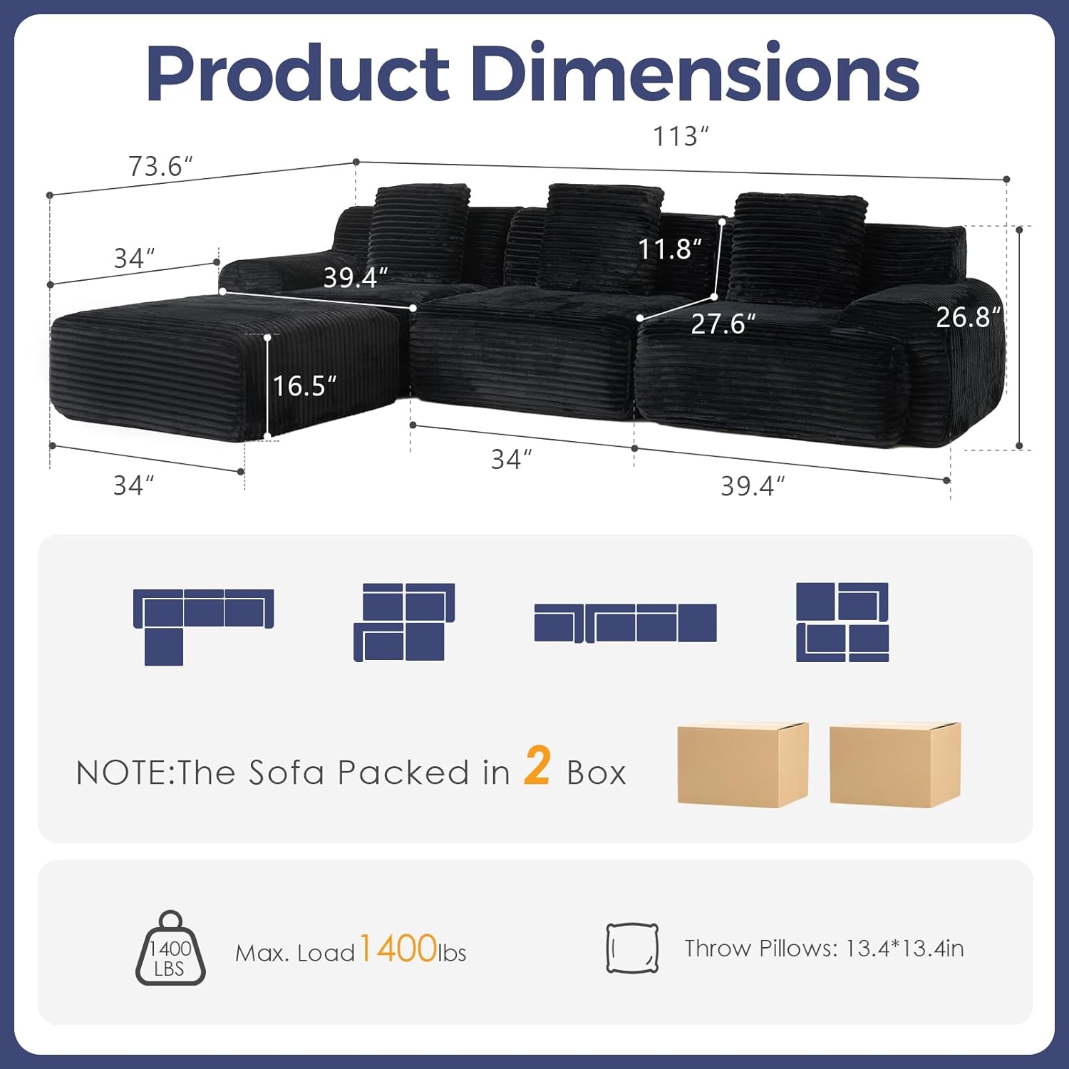 VK·LIVING 113" Cloud Sectional Couch 16.5'' Seat Height Sofa (Black)