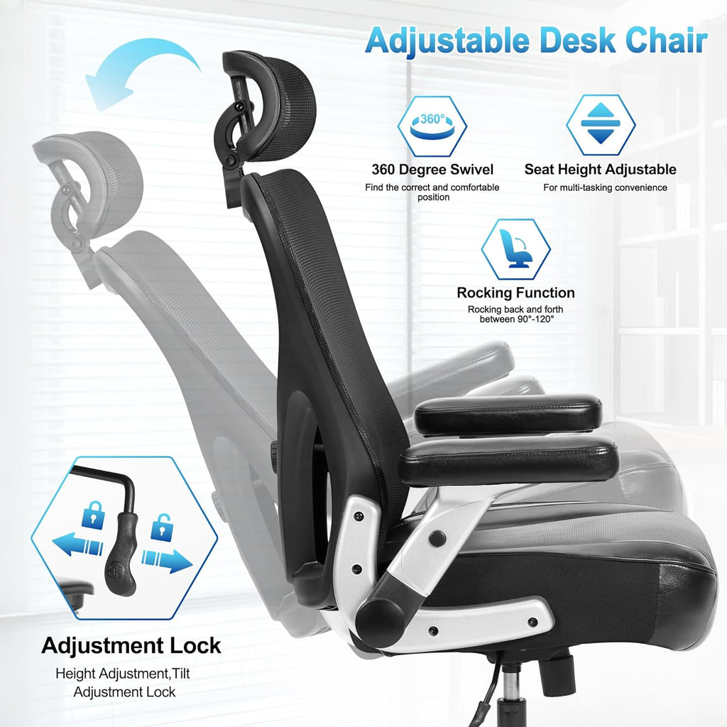 Super Big and Tall Office Chair 700lbs- Heavy Duty Executive Computer Chair with Rubber Wheels 3D Flip Arms, Ergonomic Mesh High Back Desk Chair, Extra Wide Seat Adjustable Lumbar Support & Headrest