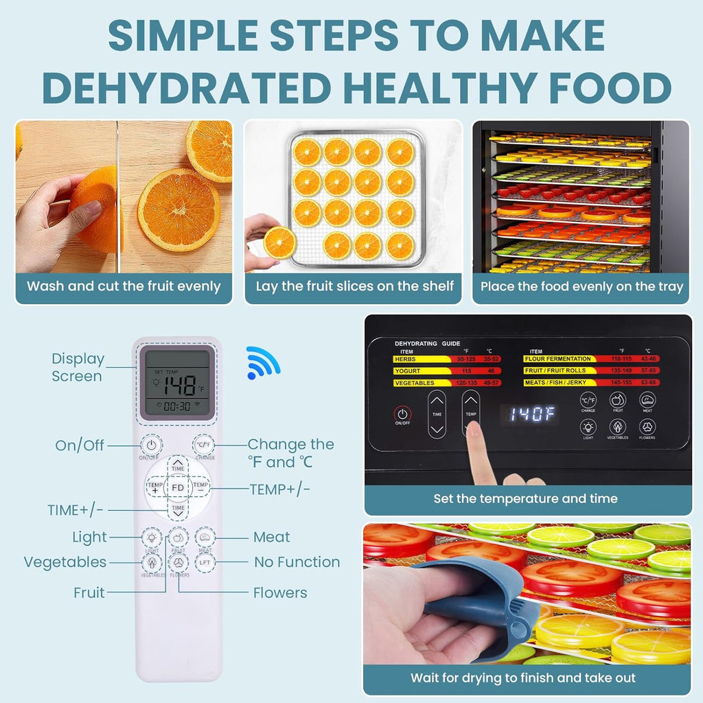 Food Dehydrator for Jerky, 12 Stainless Steel Large Trays, 1200W Fruit Dehydrator with Remote Control, 24H Timer and 194°F Temperature Control, Food Dryer for Jerky, Herbs, Fruit, Dog Treats