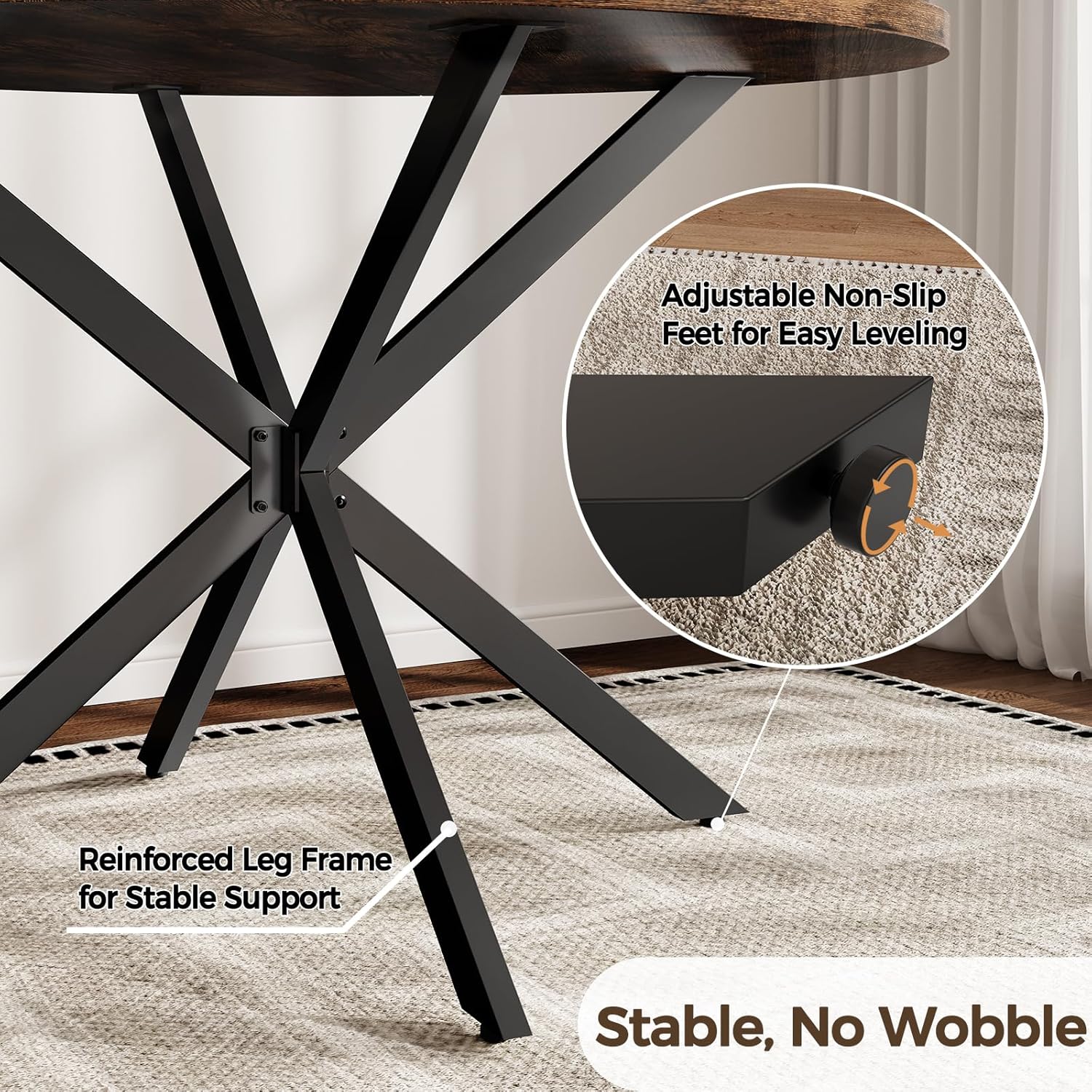 Vantic 47" Round Dining Table for 4-6 People, Farmhouse Wood Kitchen Table for Small Space,Circle Dining Table with Metal Base for Kitchen & Living Room, Rustic Brown