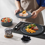 E-far 16-Piece Plates and Bowls Sets - Stoneware Dinnerware Sets with Pasta Bowls for 4 | Microwave & Dishwasher Safe Kitchen Modern Dish Set, Deep Gray