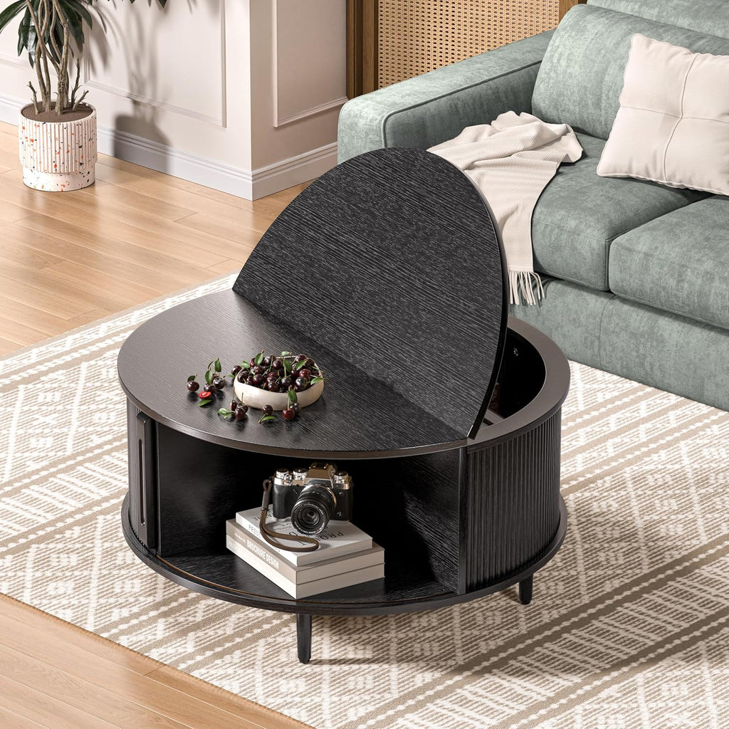 Round Coffee Table, 31.5" Fluted Center Table with Storage, Lift-Top Coffee Table with Adjustable Footpads, Sliding Door, Mid-Century Modern Center Table for Living Room, Small Space (Black)