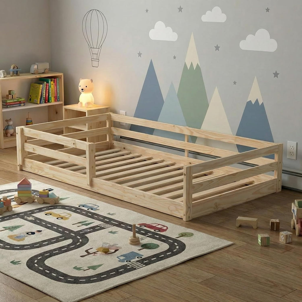 From the Tree Furniture Twin Size Floor Bed Frame, Solid Wood Montessori Bed for Toddlers & Kids, Low Platform Bed with Slats, Adult Weight Capacity, White or Unfinished (Unfinished)
