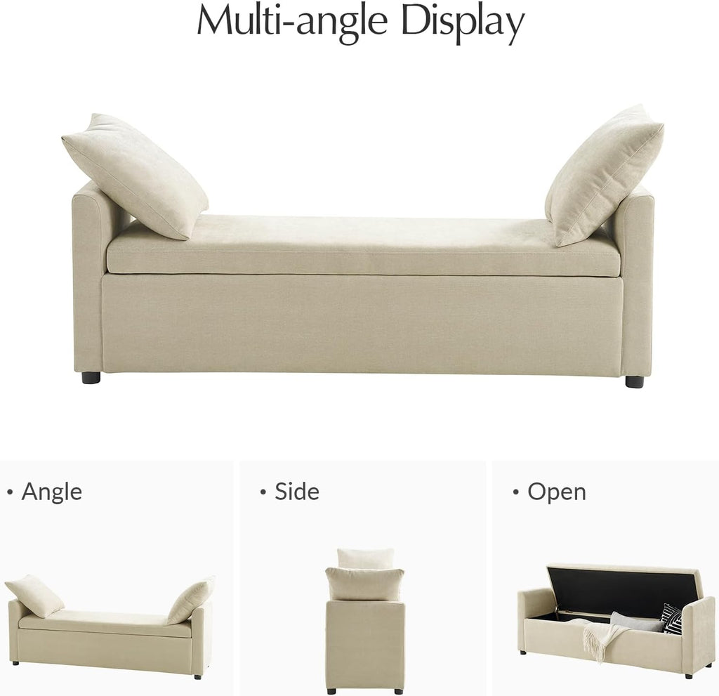 59.5" Modern Storage Ottoman Bedroom Bench, End of Bed Bench with Arms and Throw Pillows, Footrest Stool for Living, Dining Room, Entryway and Hallway, Beige