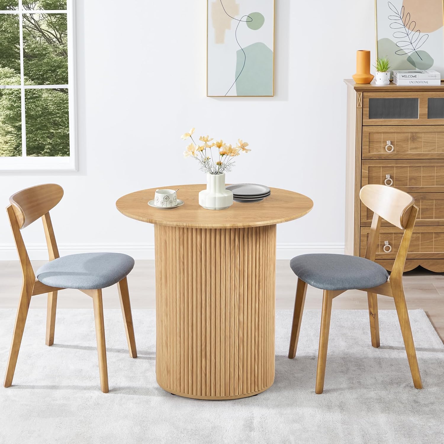 31.5" Small Round Dining Table for 2, Sturdy and Durable Natural Wood Dining Table Round with Fluted Base, Simple Setup Small Kitchen Table for Living Dining Room Office (Natural)