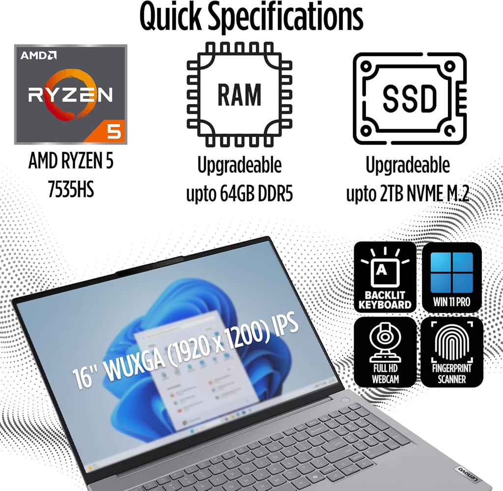 Lenovo ThinkBook 16 Gen 7 Business Laptop  16" FHD+ Display  AMD Ryzen 5 7535HS (> i7-1355U)  8GB DDR5 RAM  256GB SSD  KB Backlit  Webcam  Ethernet  Wi-Fi 6  Windows 11 Pro w/Copilot  MAJ DESKPAD