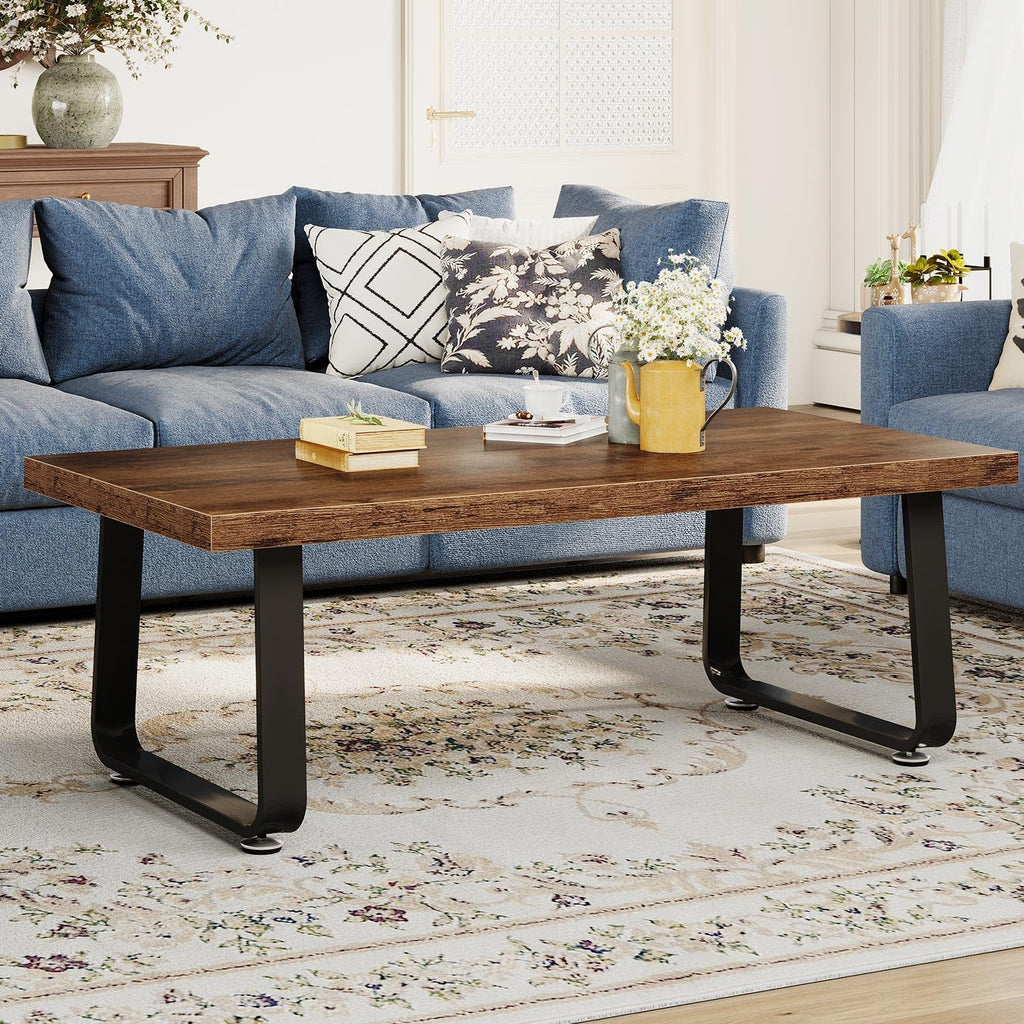 HSH Wooden Coffee Table, Industrial Rectangle Center Table, Modern Minimalist Coffee Table for Living Room, Farmhouse Wood and Metal Cocktail Tea Table for Bedroom Home Office, Rustic Brown, 47 in