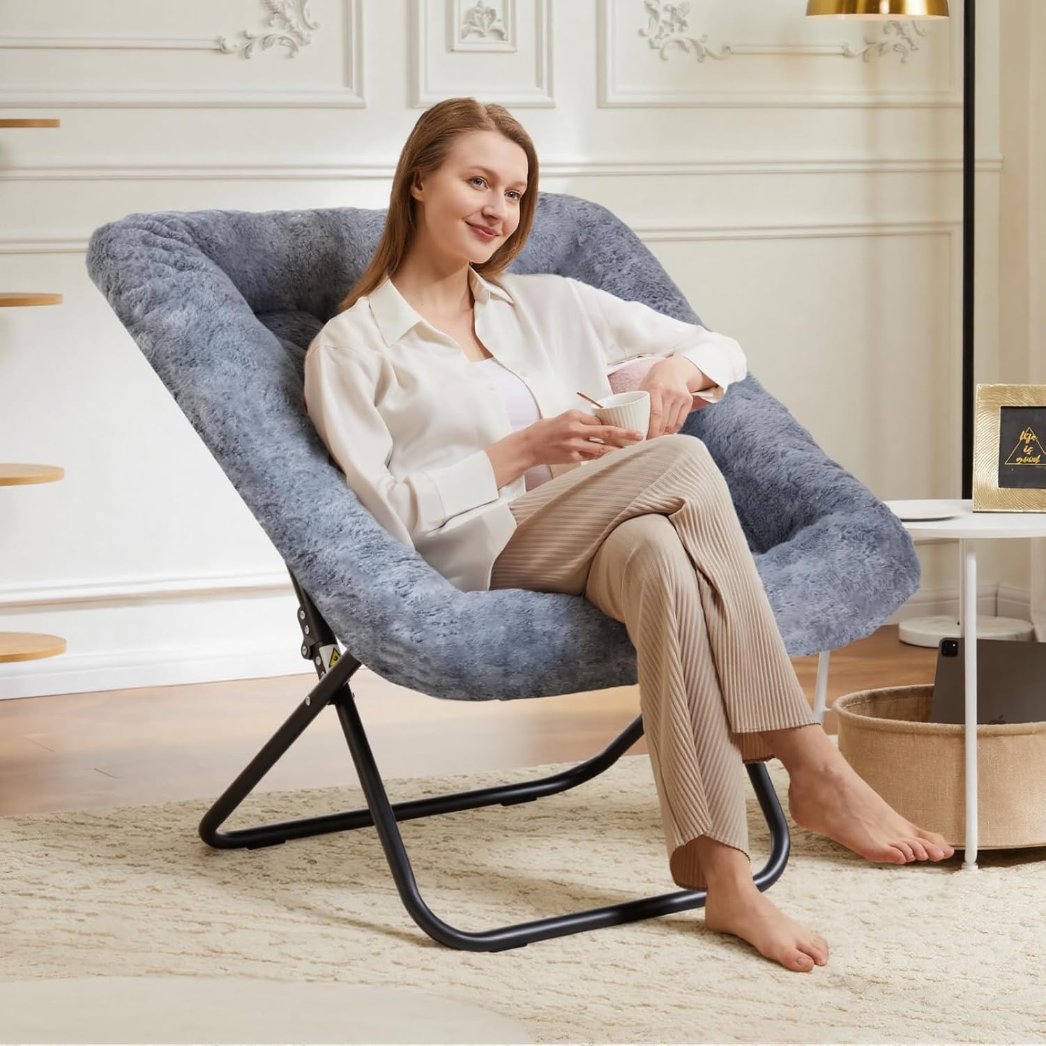 DUMOS Comfy Chair for Adults, Soft Faux Fur Folding Lounge for Bedroom Living Room Dorm Rooms Flexible Reading Chair for Teens, Large Size Foldable (Square-Gray)