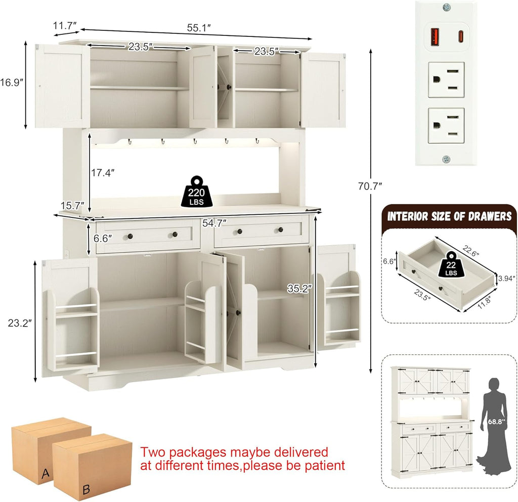 71" Tall Large Pantry Storage Cabinet w/Power Outlet,55" Wide Farmhouse Kitchen Hutch Storage Cabinet w/Barn Doors,2 Drawer,Large Countertop,LED Light,Rustic Coffee Bar,6 Hooks,8 Doors Shelves