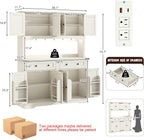 71" Tall Large Pantry Storage Cabinet w/Power Outlet,55" Wide Farmhouse Kitchen Hutch Storage Cabinet w/Barn Doors,2 Drawer,Large Countertop,LED Light,Rustic Coffee Bar,6 Hooks,8 Doors Shelves