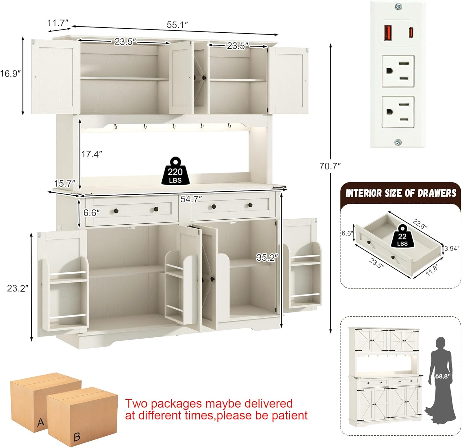 71" Tall Large Pantry Storage Cabinet w/Power Outlet,55" Wide Farmhouse Kitchen Hutch Storage Cabinet w/Barn Doors,2 Drawer,Large Countertop,LED Light,Rustic Coffee Bar,6 Hooks,8 Doors Shelves