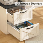63" Farmhouse L Shaped Executive Desk with Drawers & Storage Shelf, Corner Computer Desk with Power Outlets, L Shaped Office Desk with Monitor Stand, Printer Shelf, Black and White