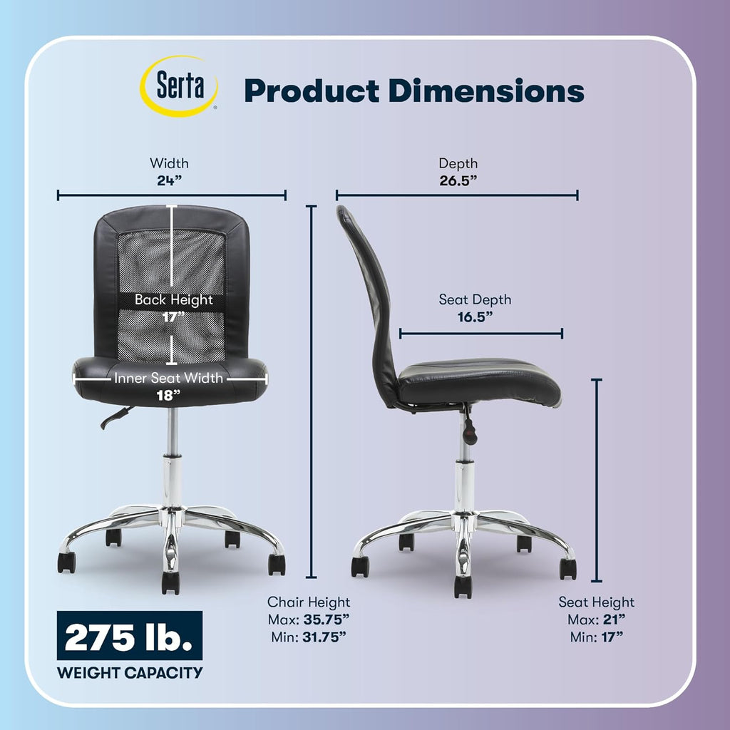 Serta Essential Armless TaskChair, Small Desk Chairs with Wheels, Breathable Mesh Back and Faux Leather, Quality Foam Cushion Seat for Comfort, Minimal Design for Vanity Table, Black