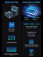 Bmax B9 Plus Mini PC with 12th Gen Intel Core i5-1235U | 24GB DDR5 RAM | 512GB NVMe SSD | Windows 11 | 2 x USB 3.2 | 4K Display Support | Wi-Fi 6 | Dual SSD Slots | Intel Mini Desktop Computers