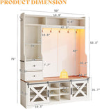 AMERLIFE 7-in-1 Farmhouse Hall Tree with Bench and Shoe Cabinet, LED Entryway Organizer with 2 Drawers, 12 Shoe Cubbies & Barn Doors, 7 Coat Racks with Shoe Storage, Rustic White