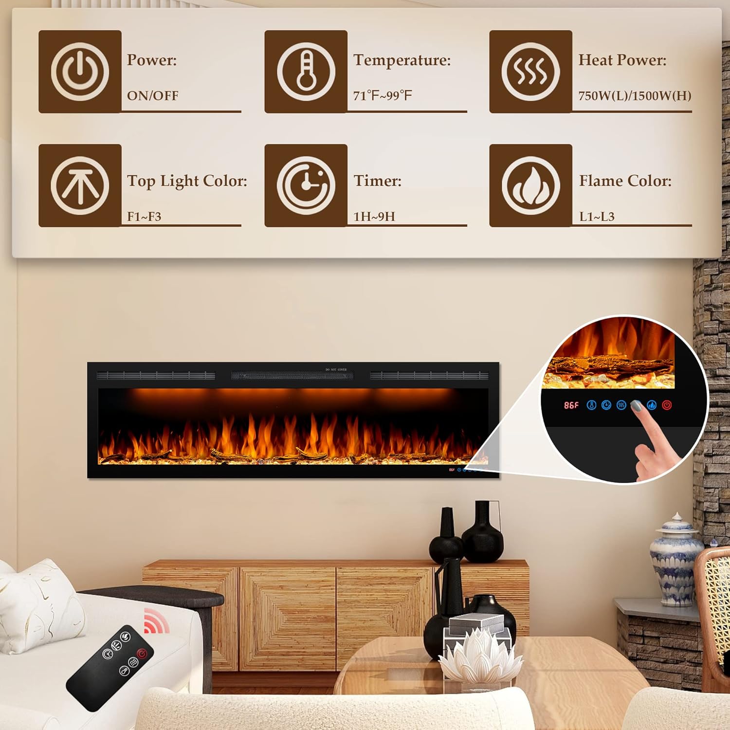 72 inches Electric Fireplace, Recessed and Wall Mounted Fireplace Heater and Linear Fireplace Inserts, Adjustable Heaing& Remote Control& Touchscreen, Multicolor Flame & Realistic logs,1500W, Black
