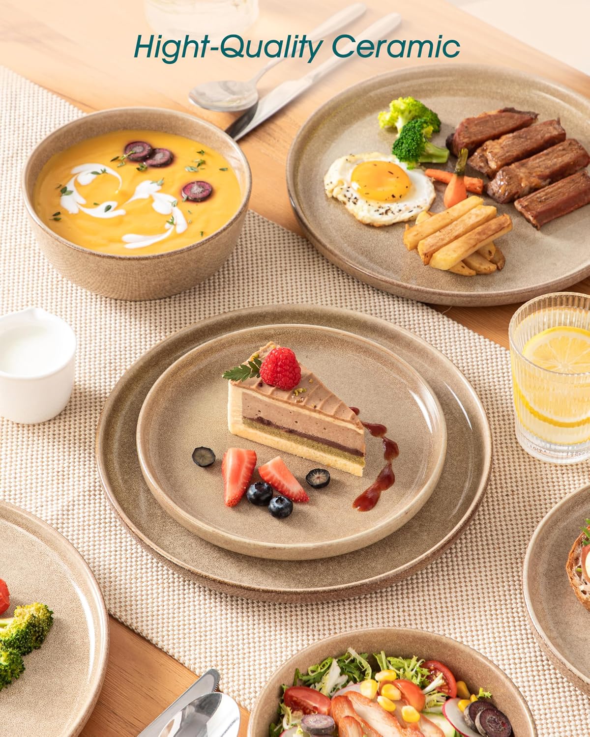 vancasso ANYA 24 Pieces Plates and Bowls Set, Caramel Dinnerware Sets, Reactive Glaze Dishes Set for 8, Ceramic Dishware Sets Kitchen Dinner Set, Microwave & Dishwasher Safe