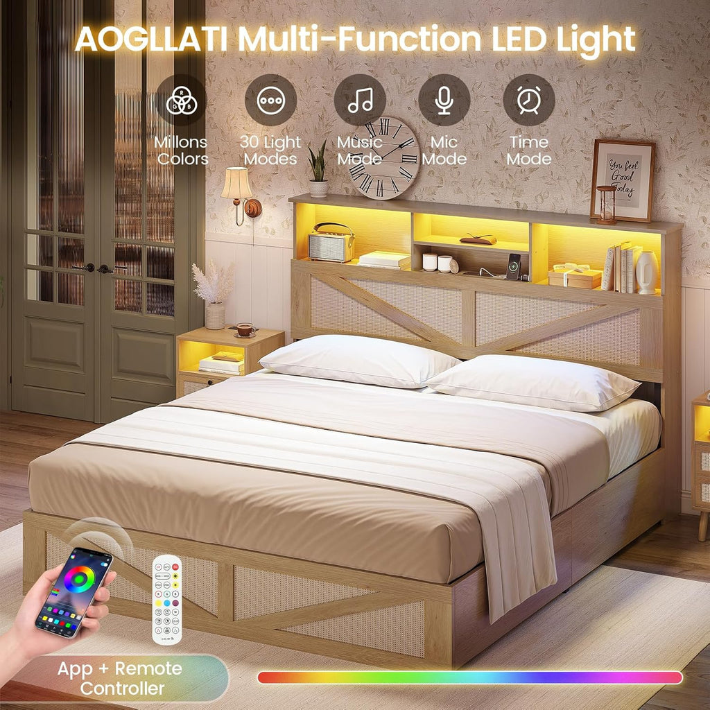 AOGLLATI Queen Bed Frame with 4 Storage Drawers and Natural Rattan 2-Tier Bookcase Hidden Headboard, Boho Led Bed Frame Queen Size with Charging Station, No Box Spring Needed, Wood