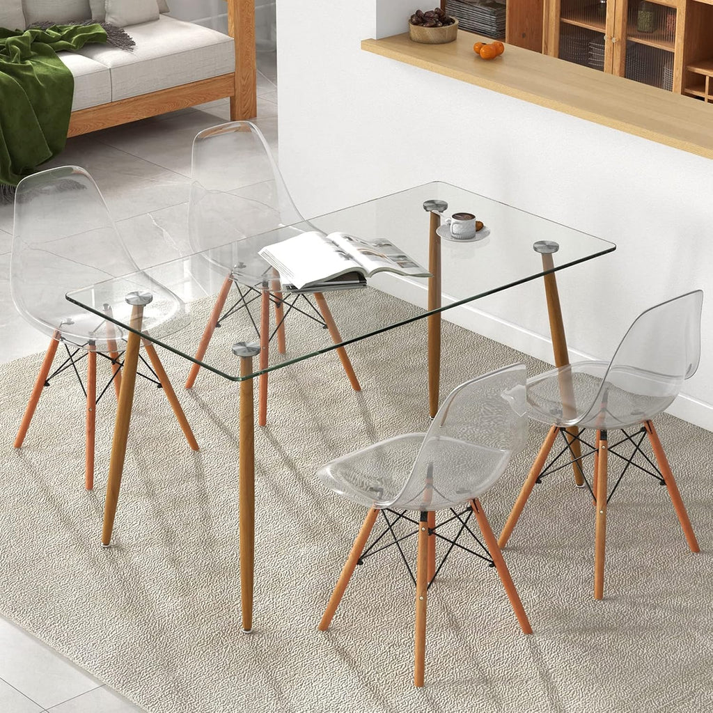 Tangkula Glass Dining Table, Modern Rectangular Table with Tempered Glass & Black Steel Legs, Simplistic Kitchen Versatile Table for Home Office