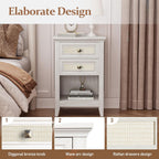 RoyalCraft White Rattan Nightstand with Drawer Set of 2, Boho 27" Tall Bedside Table with Storage for Small Space, Wood Accent End Table Bedroom Furniture, Couch, Grayish White