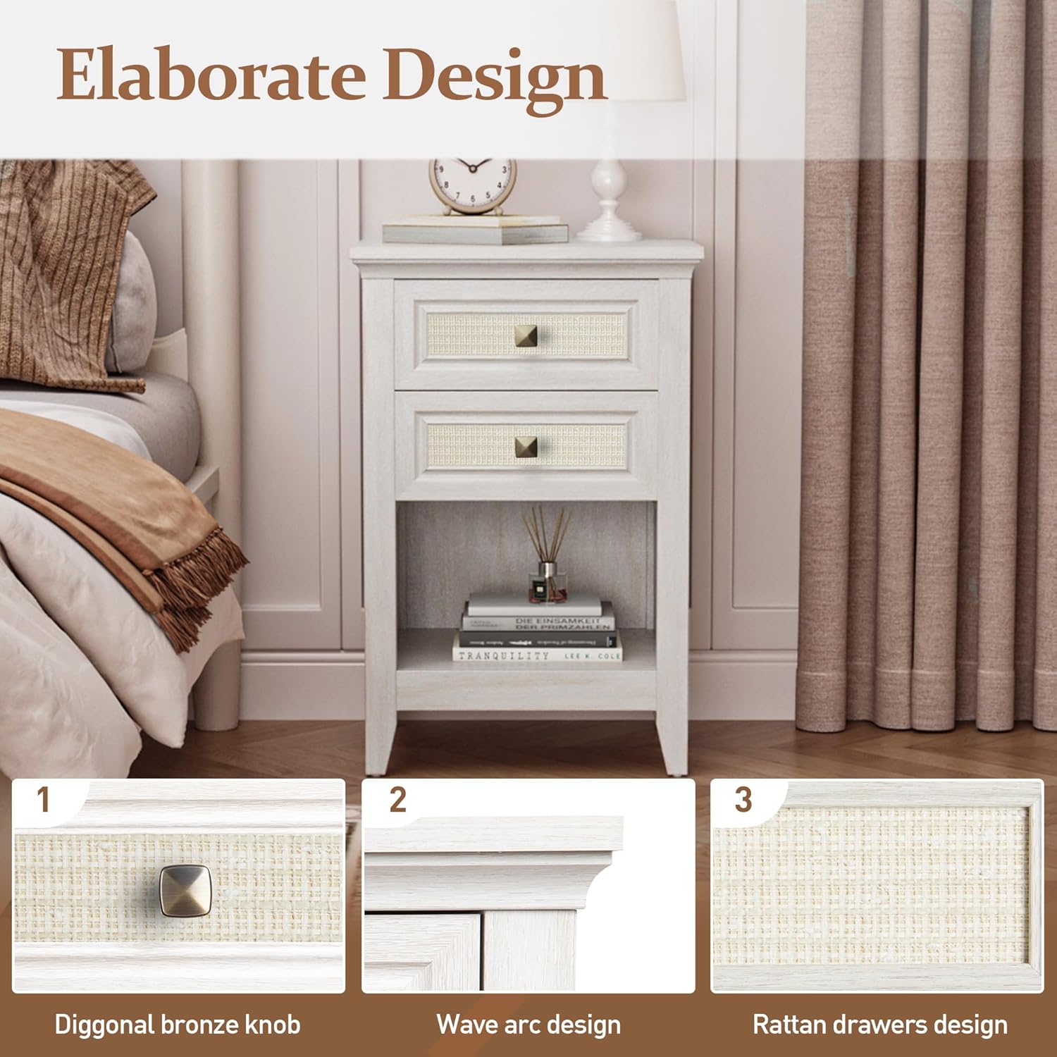RoyalCraft White Rattan Nightstand with Drawer Set of 2, Boho 27" Tall Bedside Table with Storage for Small Space, Wood Accent End Table Bedroom Furniture, Couch, Grayish White