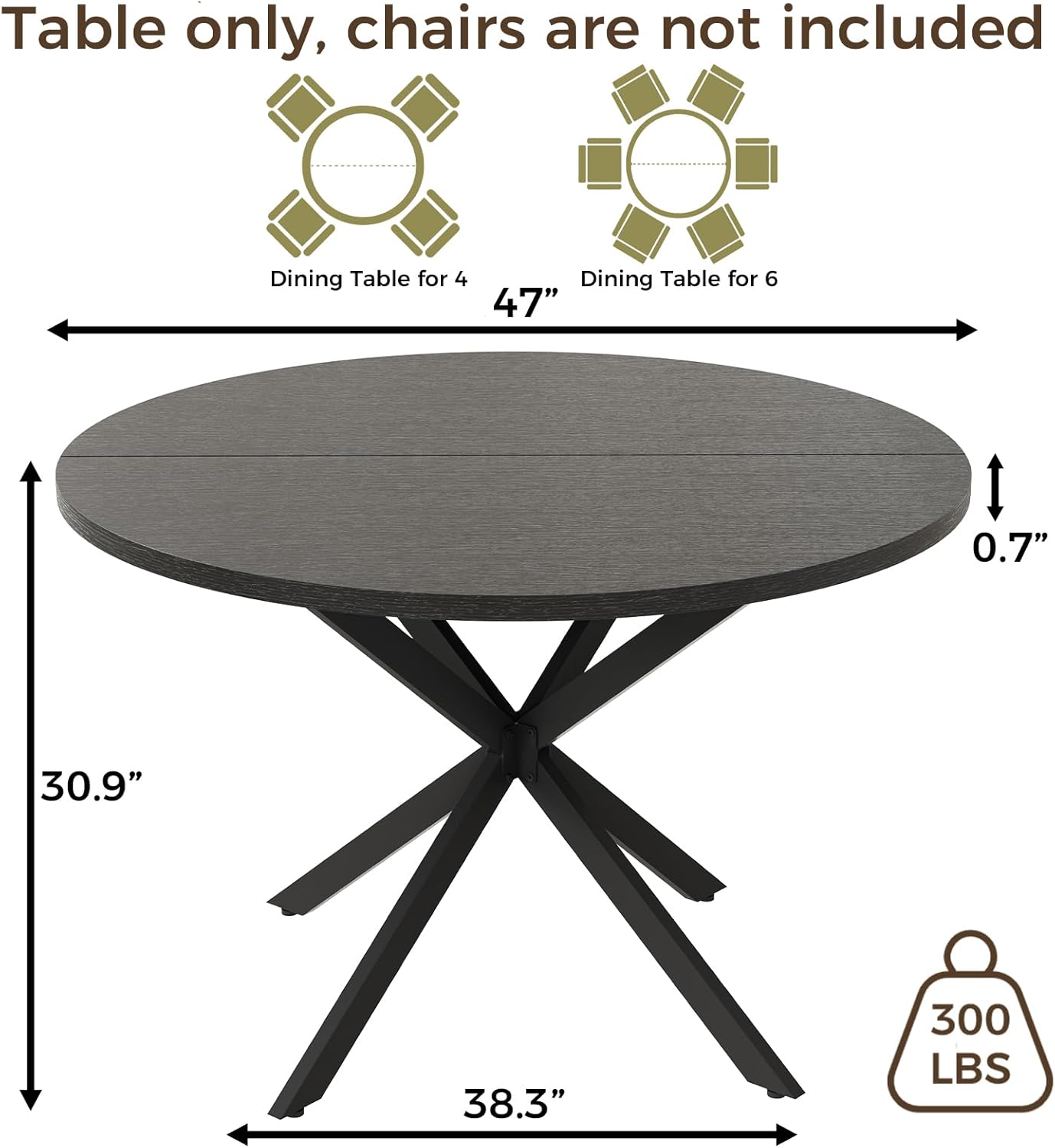 Vantic 47" Round Dining Table for 4-6 People, Modern Wood Kitchen Table for Small Space, Circle Dining Table with Metal Base for Kitchen & Living Room, Black