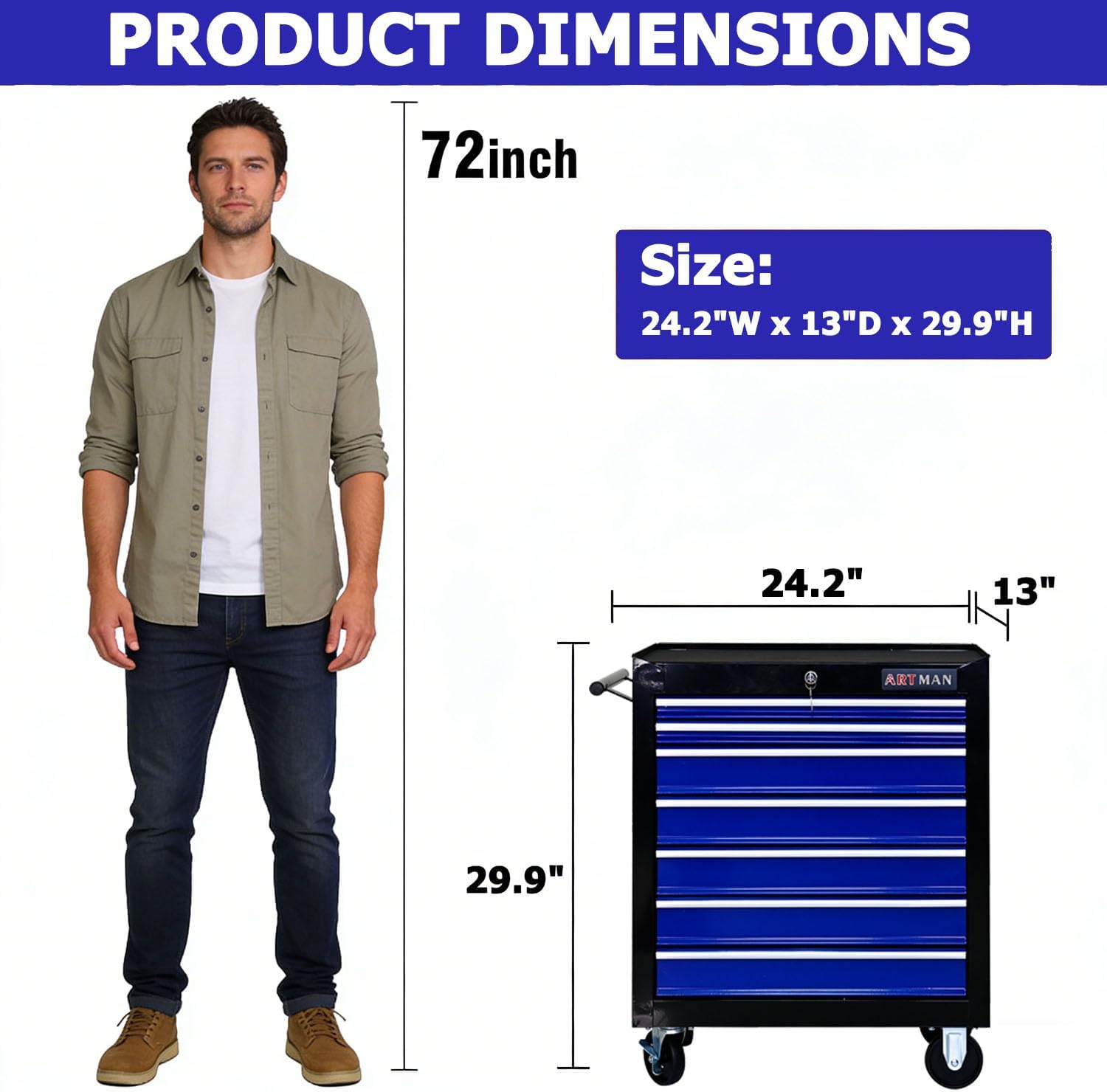 7-Drawer Tool Cart on Wheels, Drawers Rolling Tool Chest with Key Lock, Mobile Trolley Organizer Tools Box with Locking Wheels & Ball Bearing Drawers for Garage,Repair Shop (Black&Blue)