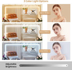 VOWNER Vanity with Lighted Mirror - Glass Top Makeup Desk with Power Outlet and 9 Drawers, 3 Color Lighting Modes Adjustable Brightness, 43" Vanity Desk with Soft Cushioned Stool for Bedroom, White