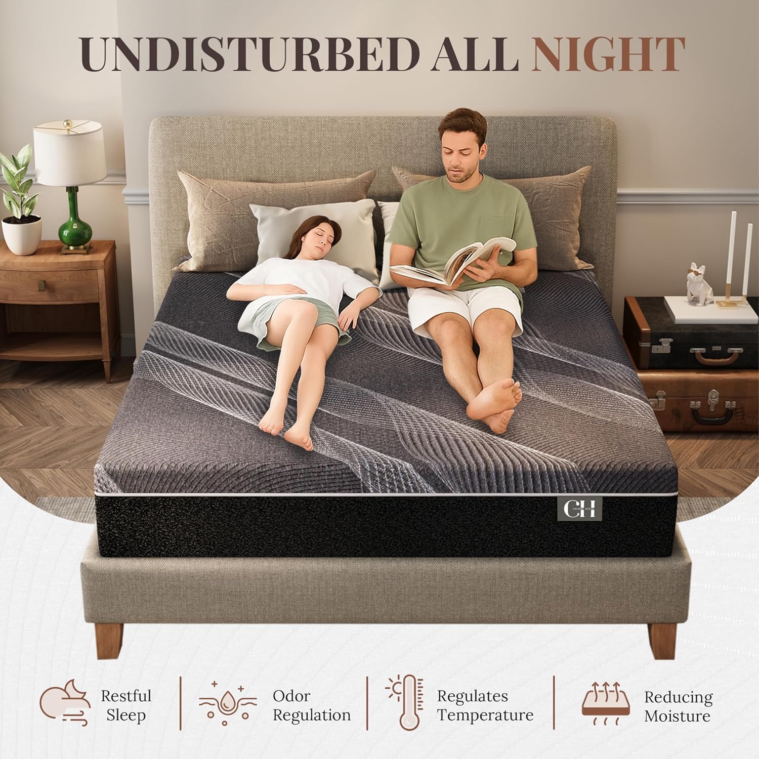 CH Charme House 12 Inch Queen Mattress, Bamboo-Charcoal Memory Foam Mattress, Cooling & Pressure Relief, Bed in a Box, Foam Made in USA & CertiPUR-US Certified, 60'x80'x12', Black