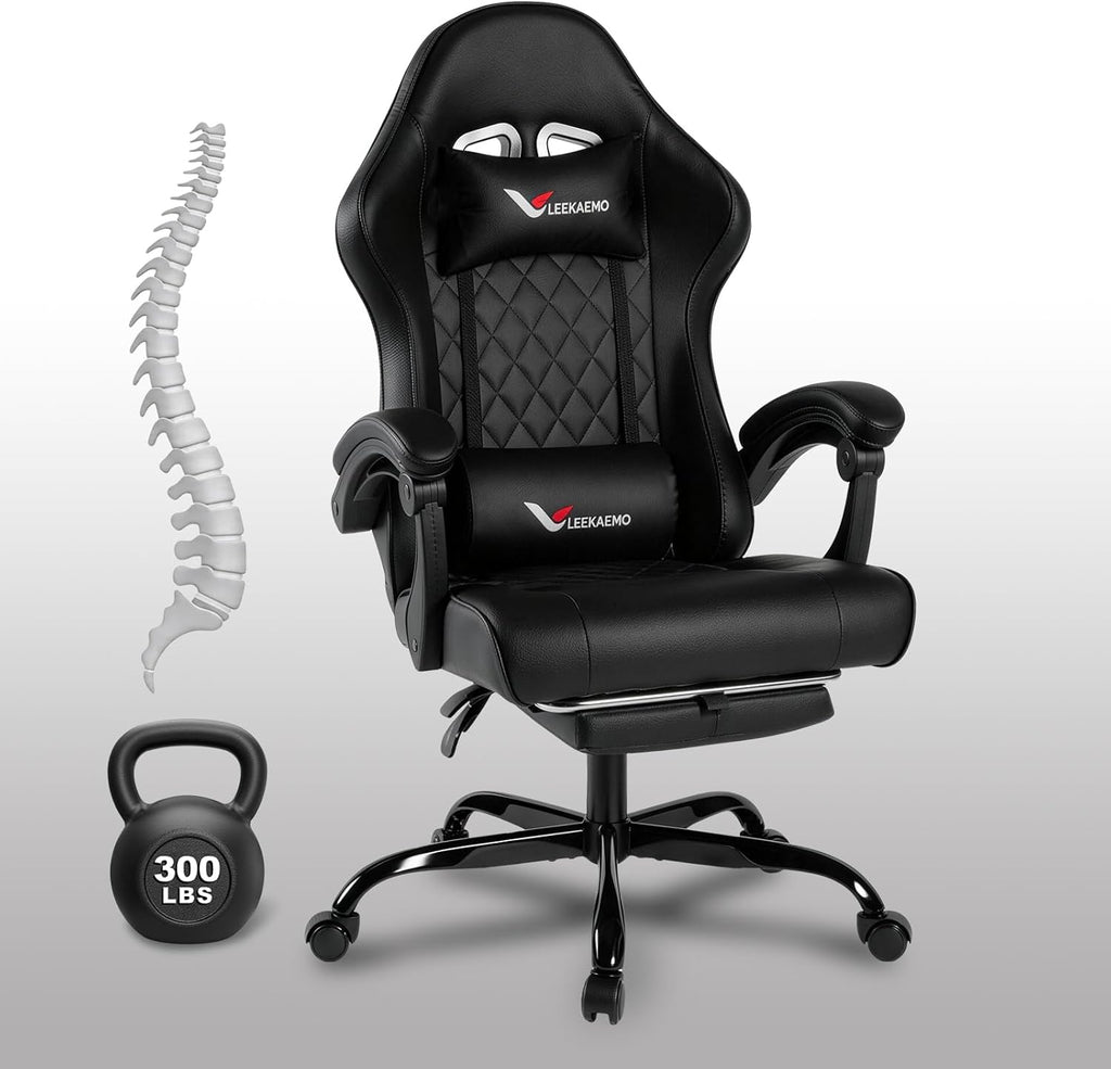 Gaming Chair for Adults, Computer Chair with Footrest and Pocket Spring Cushion,Comfortable Ergonomic Video Game Chair with Lumbar Support and Headrest for Office Home (Black)