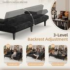 Shintenchi Futon Sofa Bed, Velvet Foldable Couch, Reclining Sleeper with Removable Armrests, Upholstered Loveseat Sofa Couch with Folding Cup Holders for Home, Office(Black)