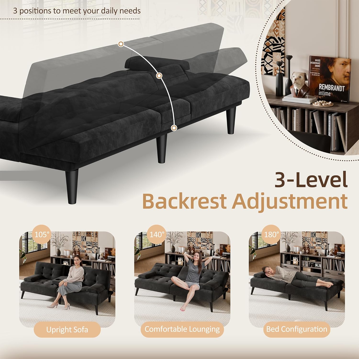 Shintenchi Futon Sofa Bed, Velvet Foldable Couch, Reclining Sleeper with Removable Armrests, Upholstered Loveseat Sofa Couch with Folding Cup Holders for Home, Office(Black)
