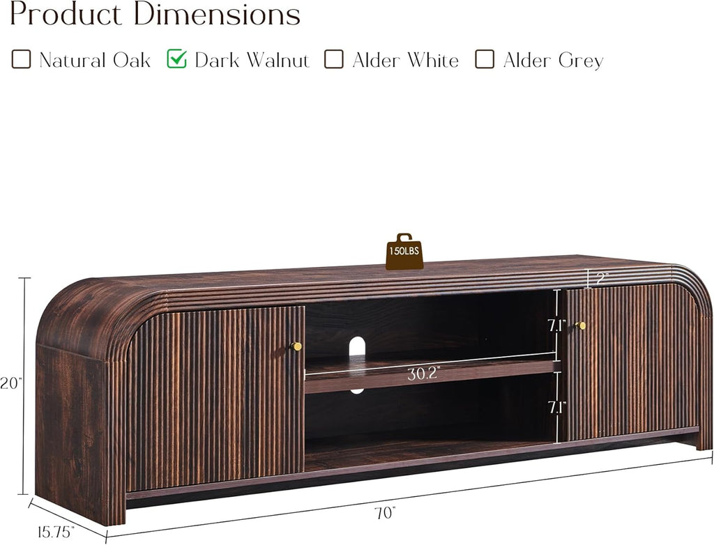 T4TREAM 70" Modern Fluted TV Stand, Long TV Table Entertainment Center with Storage, Media Console for Living Room with Door and Adjustable Shelves (Dark Walnut)