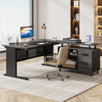 Tribesigns 63 Inch Executive Desk with File Cabinet, L Shaped Office Desk with Drawers and Storage Shelves, Business Furniture Set Workstation for Home Office, Gray and Black