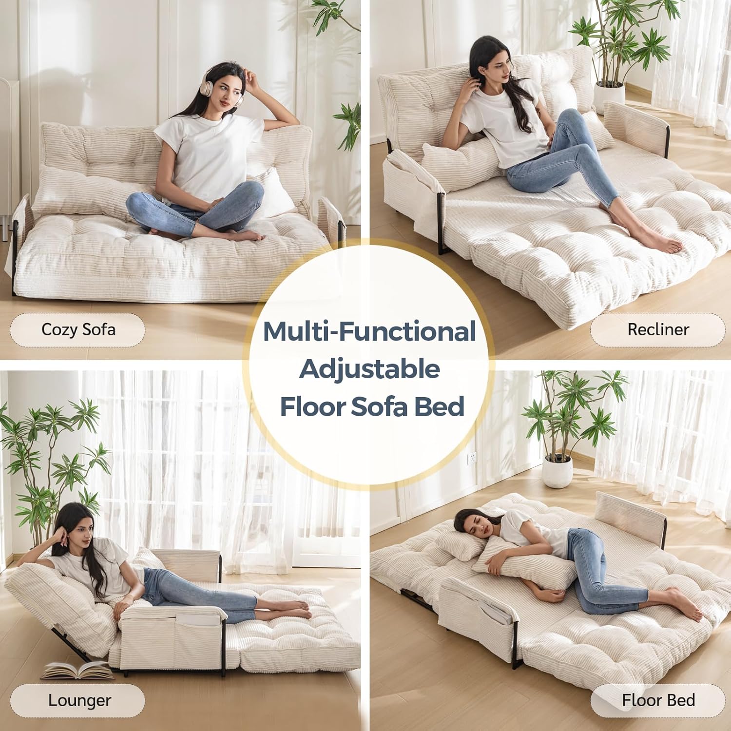 MAXYOYO Adjustable Floor Sofa Couch, Multi-Functional Bean Bag Bed, Loveseat Floor Couch Foldable Lazy Sofa Sleeper Bed for Reading Living Room, Beige